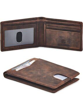 Leather Slim Bifold Wallets for Men with RFID Blocking (Crazy Horse, Cognac)